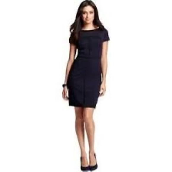 Ann Taylor Crew Neck Short Sleeve Sheath Dress Size 10 Navy Black - Picture 1 of 9